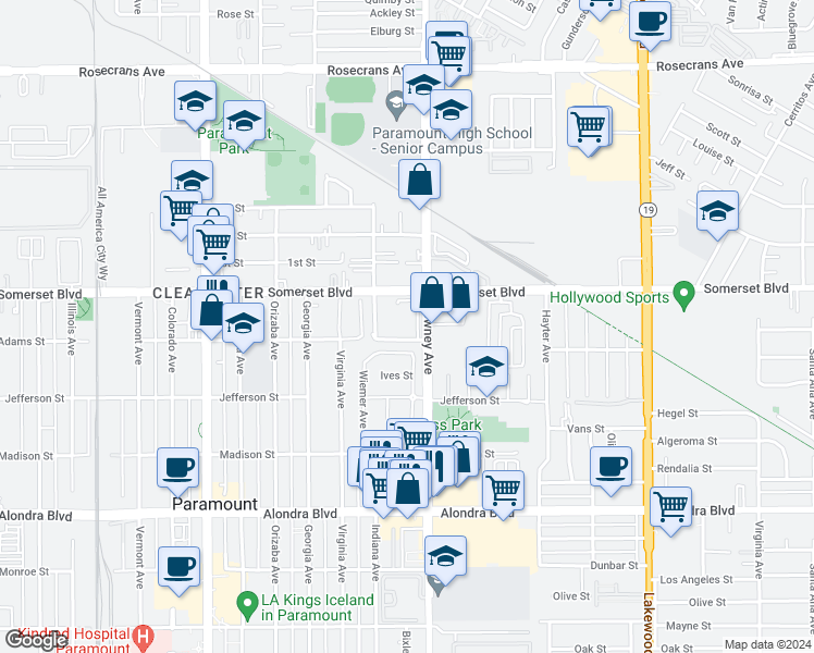 map of restaurants, bars, coffee shops, grocery stores, and more near 15111 Colony Court in Paramount