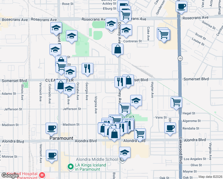 map of restaurants, bars, coffee shops, grocery stores, and more near 15111 Colony Court in Paramount