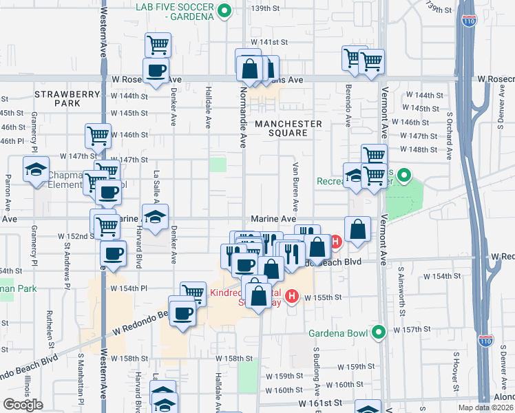map of restaurants, bars, coffee shops, grocery stores, and more near 15004 Mariposa Avenue in Gardena