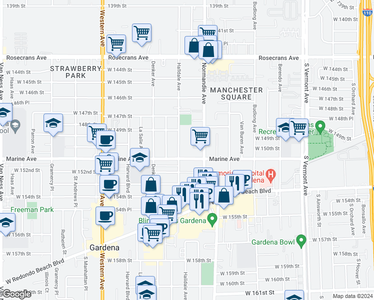 map of restaurants, bars, coffee shops, grocery stores, and more near 14928 Halldale Avenue in Gardena