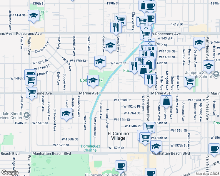 map of restaurants, bars, coffee shops, grocery stores, and more near 15505 Lemoli Avenue in Gardena