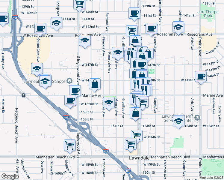 map of restaurants, bars, coffee shops, grocery stores, and more near 15005 Mansel Avenue in Lawndale