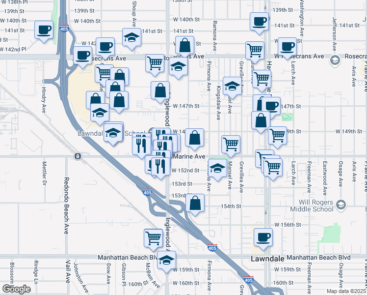 map of restaurants, bars, coffee shops, grocery stores, and more near 14928 Inglewood Avenue in Lawndale