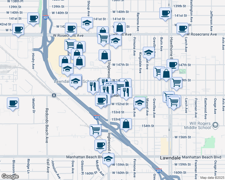 map of restaurants, bars, coffee shops, grocery stores, and more near 14928 Inglewood Avenue in Lawndale