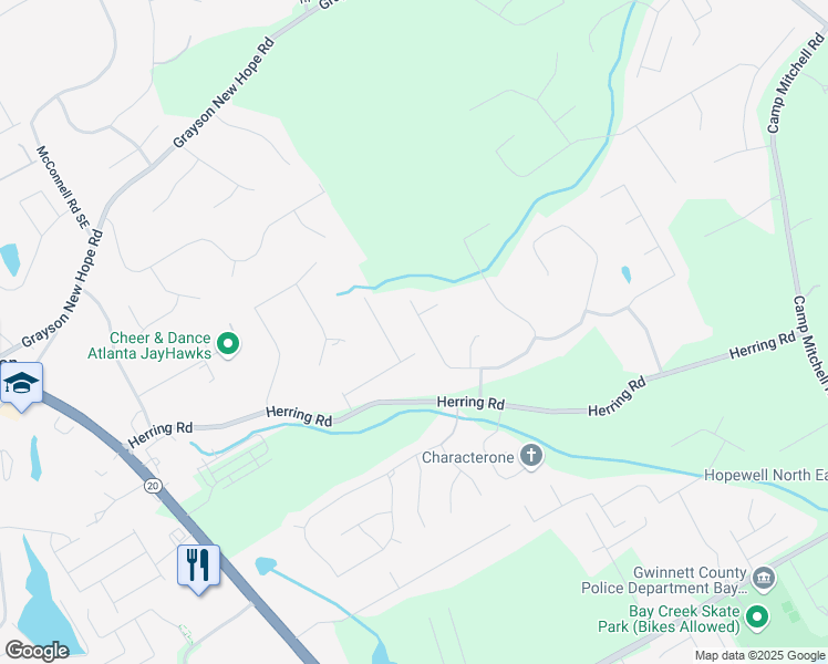 map of restaurants, bars, coffee shops, grocery stores, and more near 2295 Amberbrook Lane in Grayson