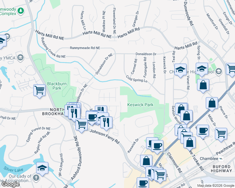 map of restaurants, bars, coffee shops, grocery stores, and more near 3631 Ashcroft Bend in Atlanta