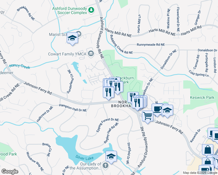 map of restaurants, bars, coffee shops, grocery stores, and more near 3592 Parkhaven Place in Brookhaven