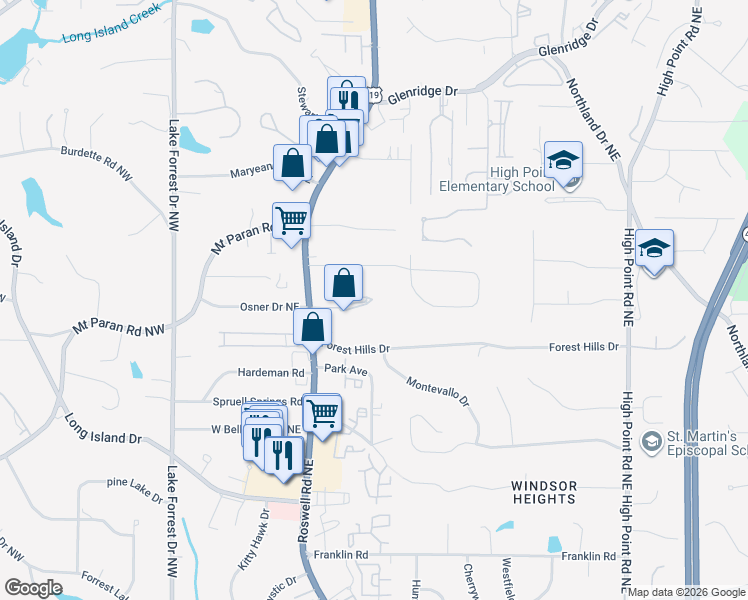 map of restaurants, bars, coffee shops, grocery stores, and more near 5149 Roswell Road Northeast in Atlanta