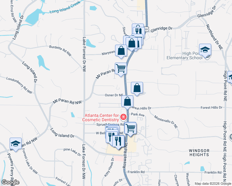 map of restaurants, bars, coffee shops, grocery stores, and more near 136 Osner Drive Northeast in Atlanta