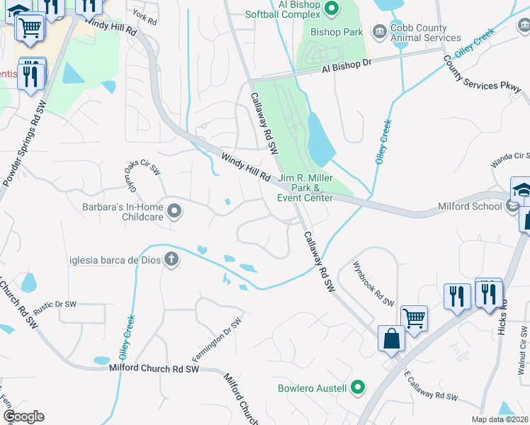 map of restaurants, bars, coffee shops, grocery stores, and more near 1361 Fairridge Circle Southwest in Marietta