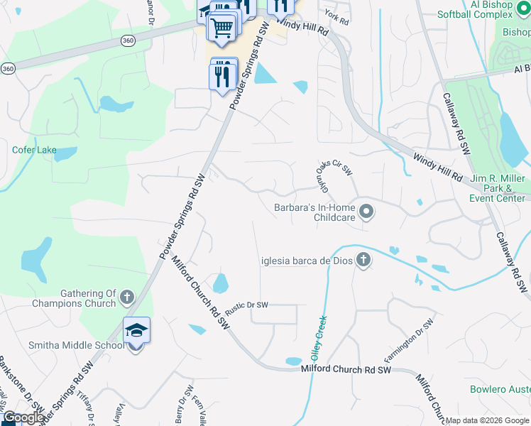 map of restaurants, bars, coffee shops, grocery stores, and more near 2356 Loren Falls Lane Southwest in Marietta