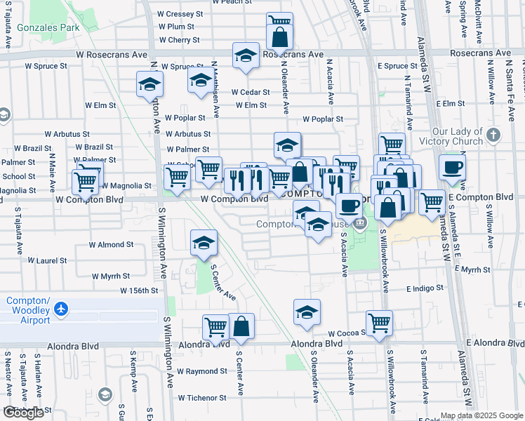 map of restaurants, bars, coffee shops, grocery stores, and more near 516 West Compton Boulevard in Compton