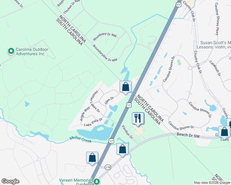 map of restaurants, bars, coffee shops, grocery stores, and more near 2485 Burning Tree Lane in Little River
