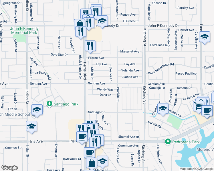map of restaurants, bars, coffee shops, grocery stores, and more near 25189 Gentian Avenue in Moreno Valley