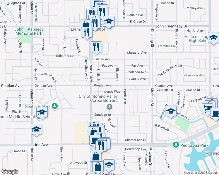 map of restaurants, bars, coffee shops, grocery stores, and more near 25153 Gentian Avenue in Moreno Valley