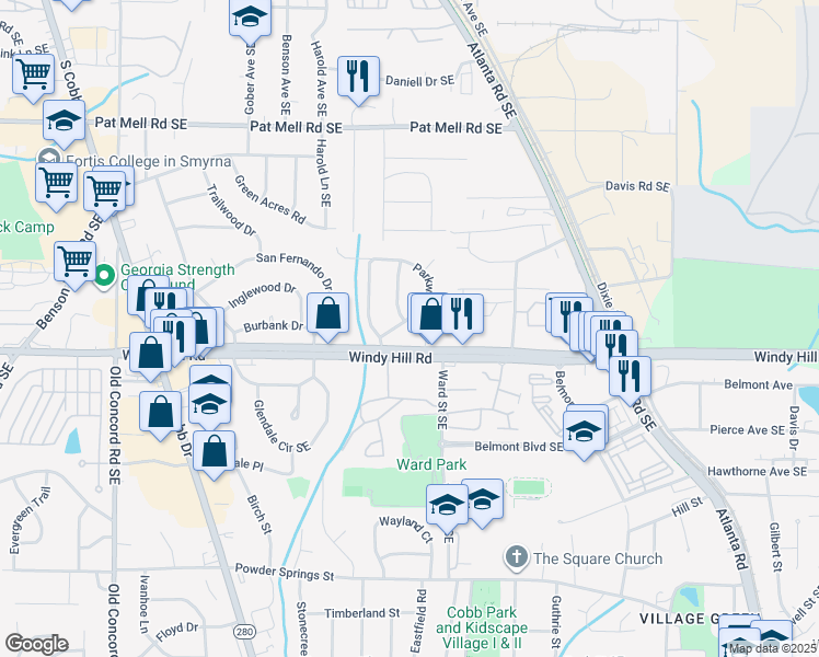 map of restaurants, bars, coffee shops, grocery stores, and more near 883 Parkway Drive in Smyrna