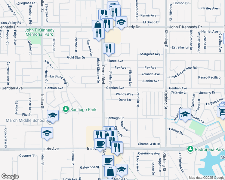 map of restaurants, bars, coffee shops, grocery stores, and more near 25071 Gentian Ave in Moreno Valley