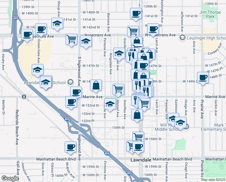 map of restaurants, bars, coffee shops, grocery stores, and more near 15006 Kingsdale Avenue in Lawndale
