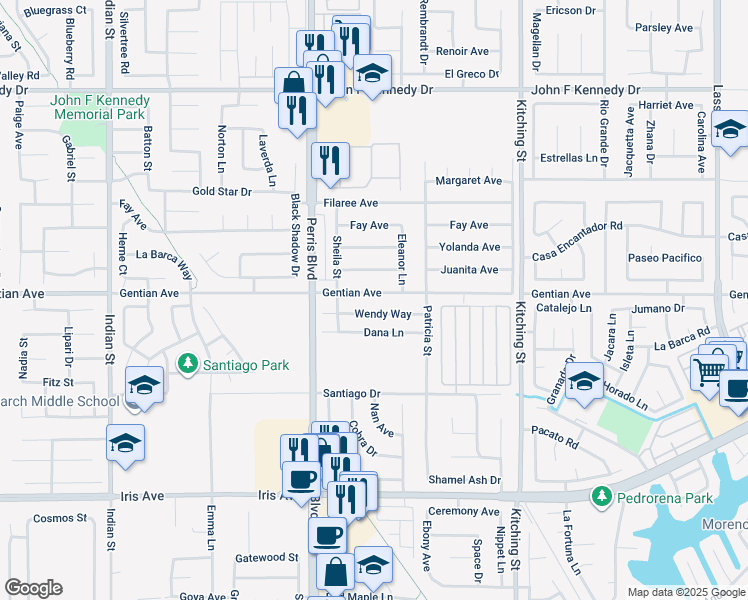 map of restaurants, bars, coffee shops, grocery stores, and more near 25153 Gentian Avenue in Moreno Valley