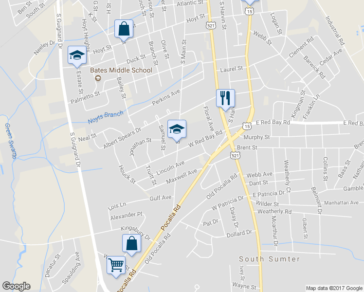 map of restaurants, bars, coffee shops, grocery stores, and more near 53 West Red Bay Road in Sumter