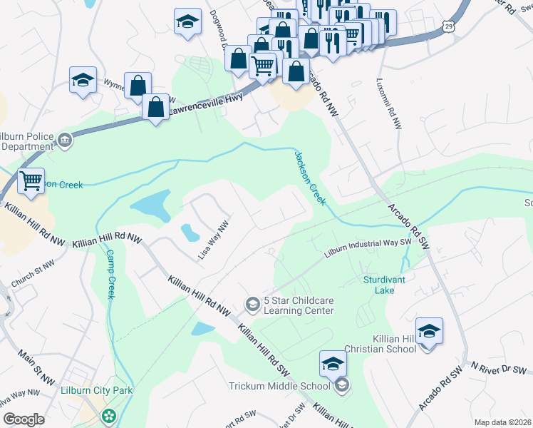 map of restaurants, bars, coffee shops, grocery stores, and more near 220 Lola Lane Northwest in Lilburn