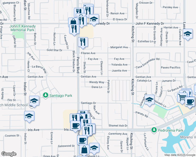 map of restaurants, bars, coffee shops, grocery stores, and more near 25189 Gentian Avenue in Moreno Valley