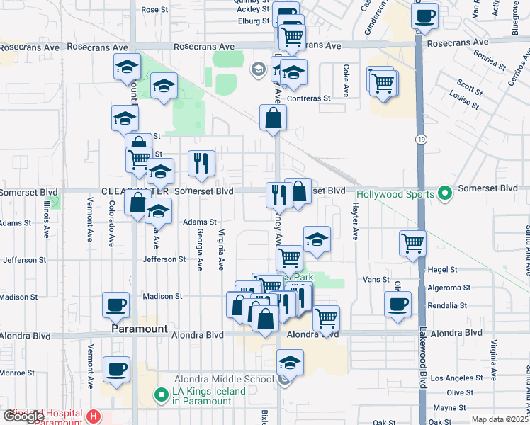 map of restaurants, bars, coffee shops, grocery stores, and more near 8439 Adams Street in Paramount