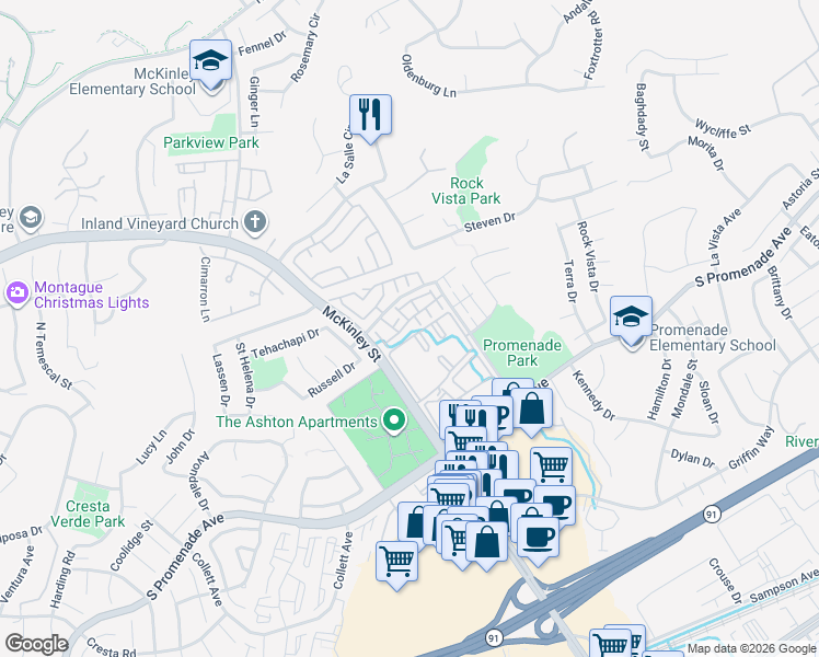map of restaurants, bars, coffee shops, grocery stores, and more near 2230 Indigo Hills Drive in Corona