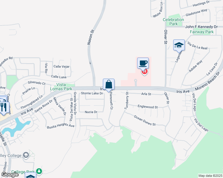 map of restaurants, bars, coffee shops, grocery stores, and more near Iris Avenue & Hammett Court in Moreno Valley