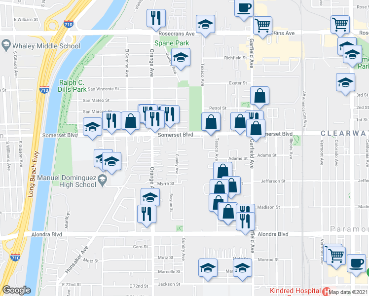 map of restaurants, bars, coffee shops, grocery stores, and more near 15128 Gundry Avenue in Paramount