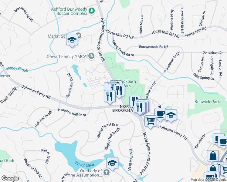 map of restaurants, bars, coffee shops, grocery stores, and more near 3556 Parkside Way in Brookhaven