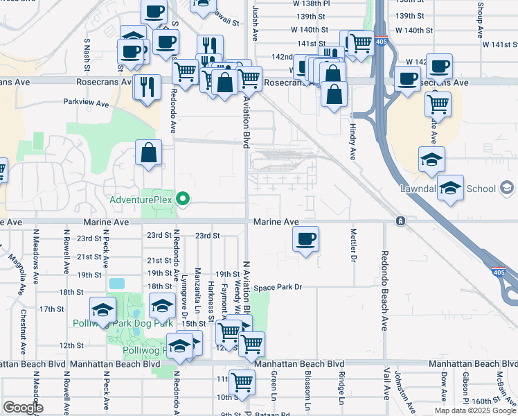 map of restaurants, bars, coffee shops, grocery stores, and more near 15000 Aviation Boulevard in Lawndale