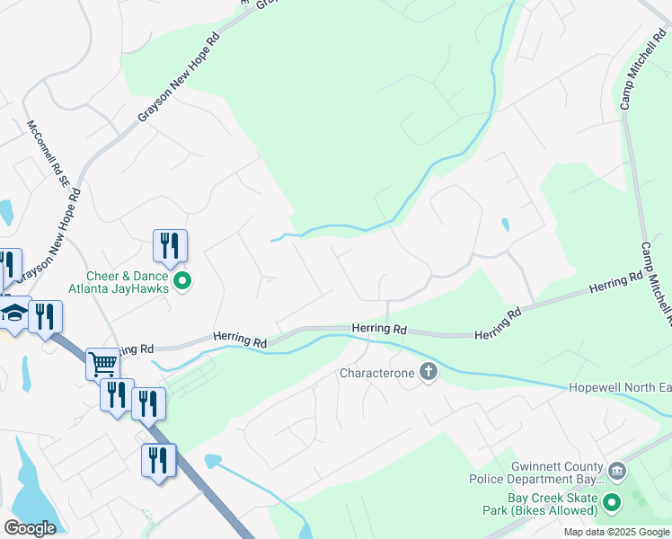 map of restaurants, bars, coffee shops, grocery stores, and more near 2295 Amberbrook Lane in Grayson