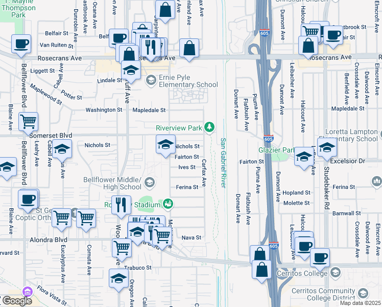 map of restaurants, bars, coffee shops, grocery stores, and more near 10446 Nichols Street in Bellflower