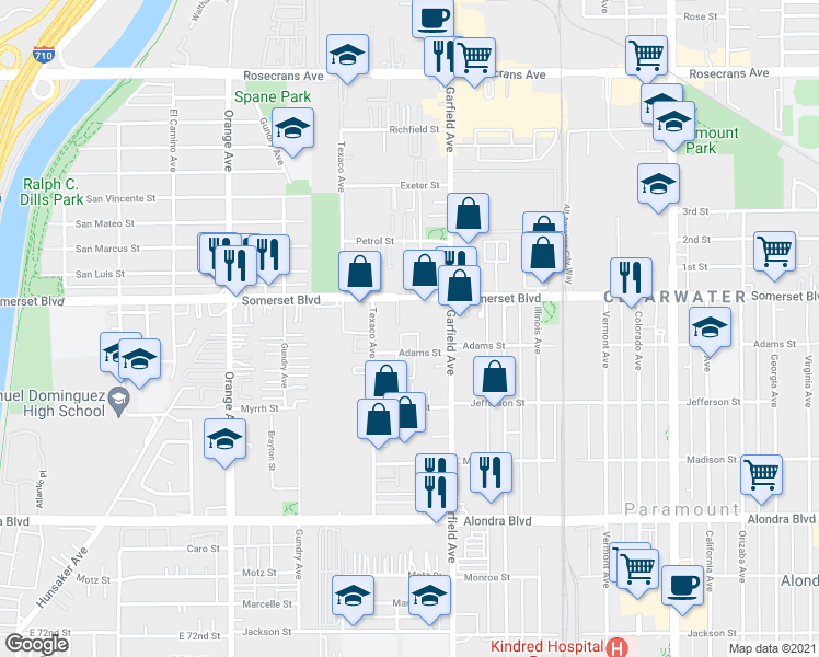 map of restaurants, bars, coffee shops, grocery stores, and more near 7341 Adams Street in Paramount