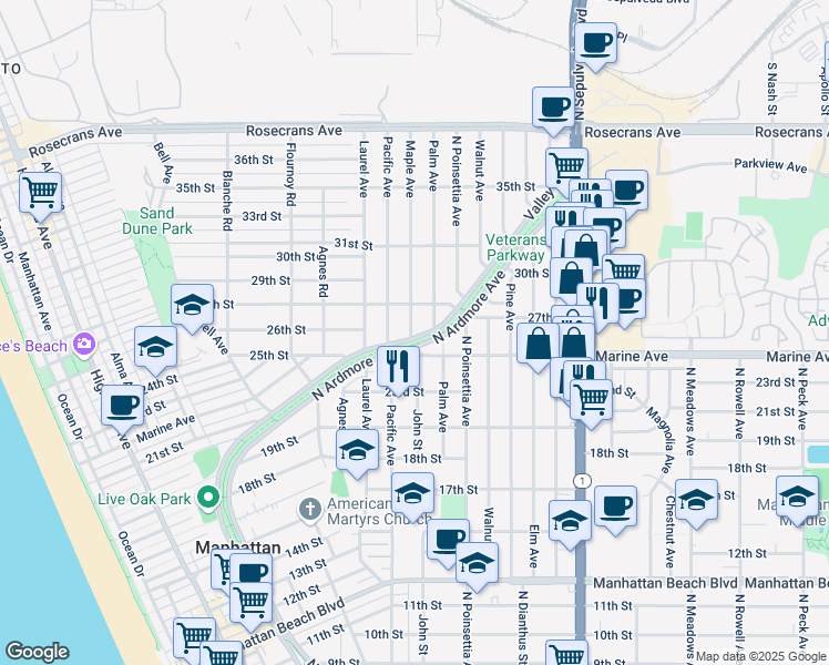map of restaurants, bars, coffee shops, grocery stores, and more near 2500 Maple Avenue in Manhattan Beach