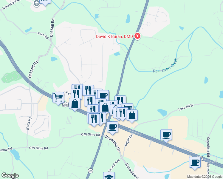 map of restaurants, bars, coffee shops, grocery stores, and more near 245 Hiram Acworth Highway in Hiram