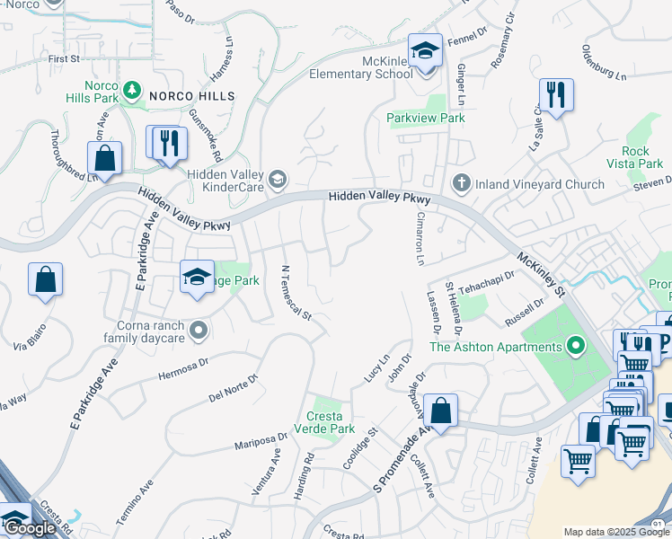 map of restaurants, bars, coffee shops, grocery stores, and more near 817 Allegre Circle in Corona