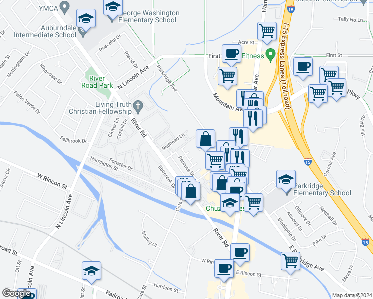map of restaurants, bars, coffee shops, grocery stores, and more near 938 Mesa Verde Avenue in Corona