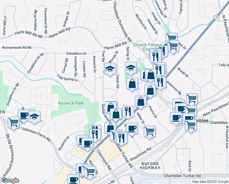 map of restaurants, bars, coffee shops, grocery stores, and more near 3554 Vanet Road in Atlanta