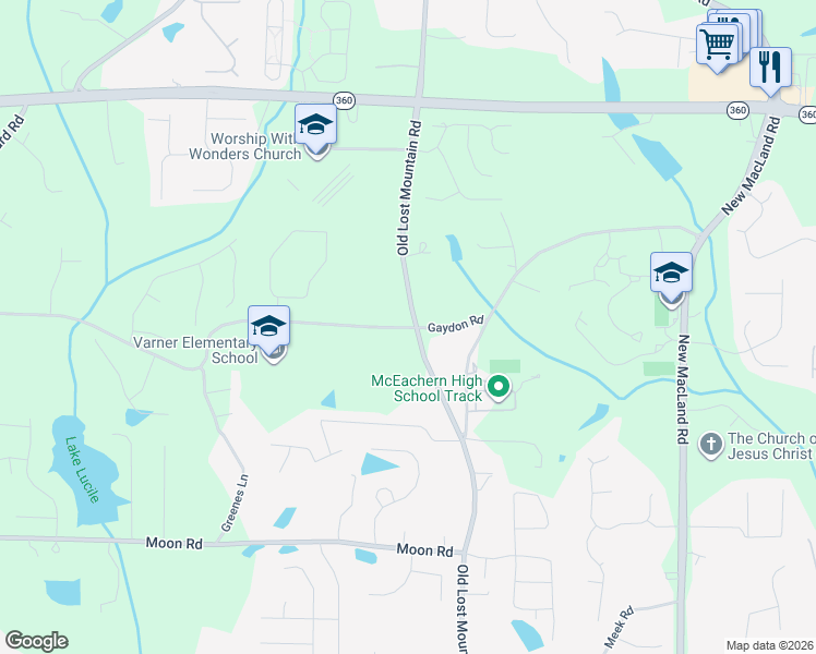 map of restaurants, bars, coffee shops, grocery stores, and more near 4608 Gaydon Road in Powder Springs