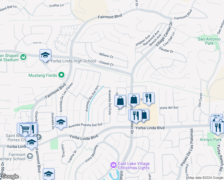 map of restaurants, bars, coffee shops, grocery stores, and more near 4418 Avenue Del Este in Yorba Linda