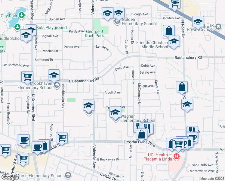 map of restaurants, bars, coffee shops, grocery stores, and more near 709 Alcott Avenue in Placentia