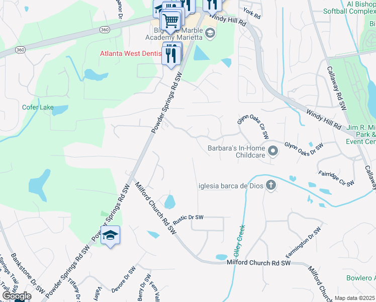 map of restaurants, bars, coffee shops, grocery stores, and more near 2385 Milford Farms Lane Southwest in Marietta