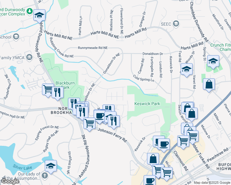 map of restaurants, bars, coffee shops, grocery stores, and more near 3674 Gambrell Lane in Atlanta