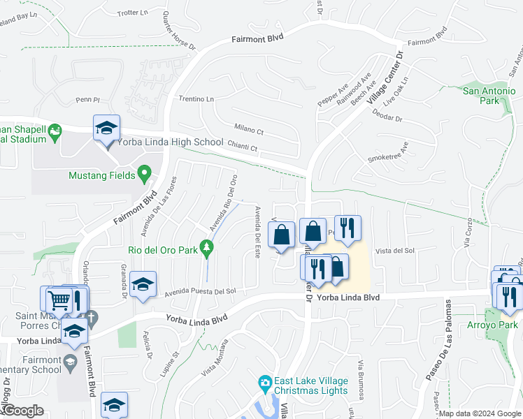 map of restaurants, bars, coffee shops, grocery stores, and more near 4418 Avenue Del Este in Yorba Linda