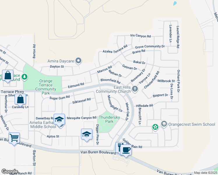 map of restaurants, bars, coffee shops, grocery stores, and more near 20600 Mesa Oak Drive in Riverside