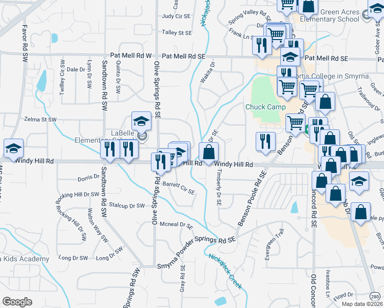 map of restaurants, bars, coffee shops, grocery stores, and more near 96 Larose Cir SE in Marietta