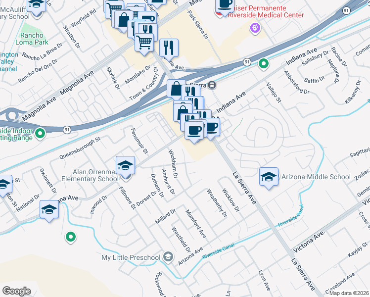 map of restaurants, bars, coffee shops, grocery stores, and more near 3361 Norfolk Drive in Riverside