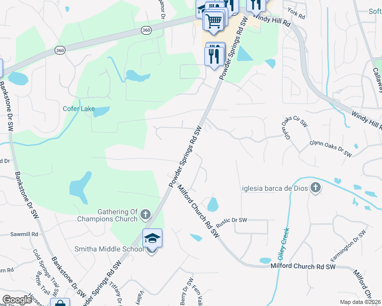 map of restaurants, bars, coffee shops, grocery stores, and more near 2400 Hampton Estates Drive Southwest in Marietta